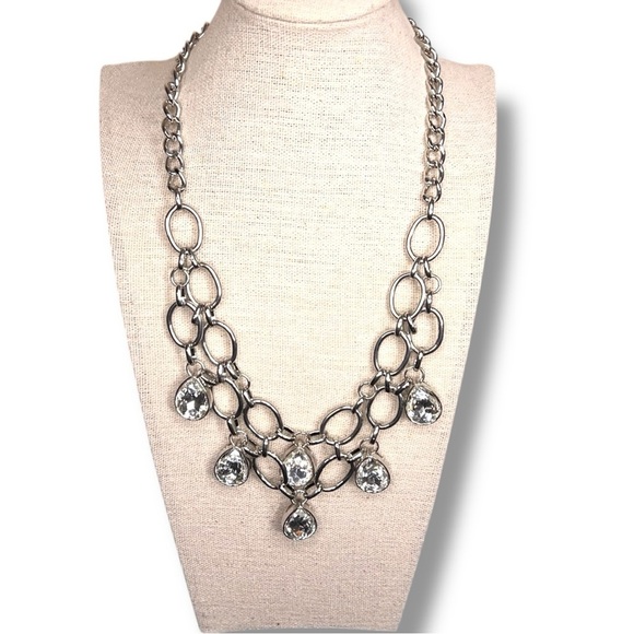 Silver Layered Gem Necklace Costume Event Party Cocktail - Picture 1 of 11